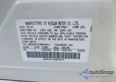 2007 Infiniti G35X z USA, uszkodzony, nr VIN JNKBV61F07M818913